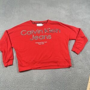 Calvin Klein Jeans Sweatshirt Womens Medium Red Sequin Logo Crewneck Pullover